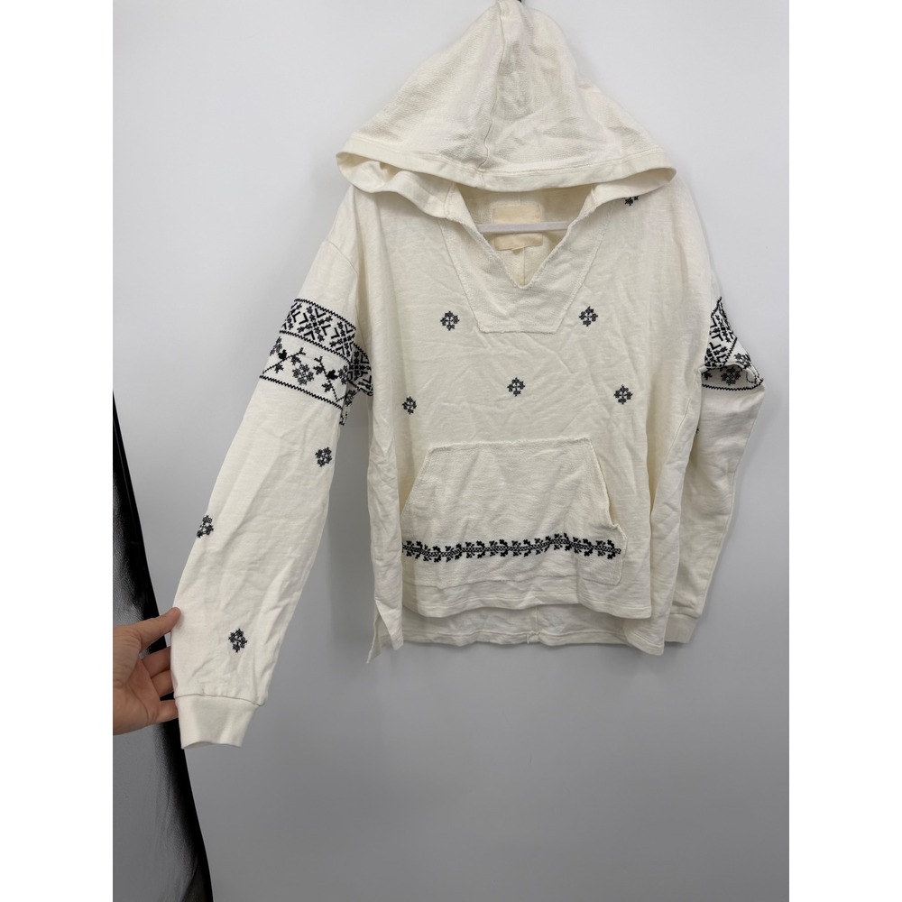 Lucky Brand Baja Embroidered French Terry Hoodie Women L cream Black Boho Top